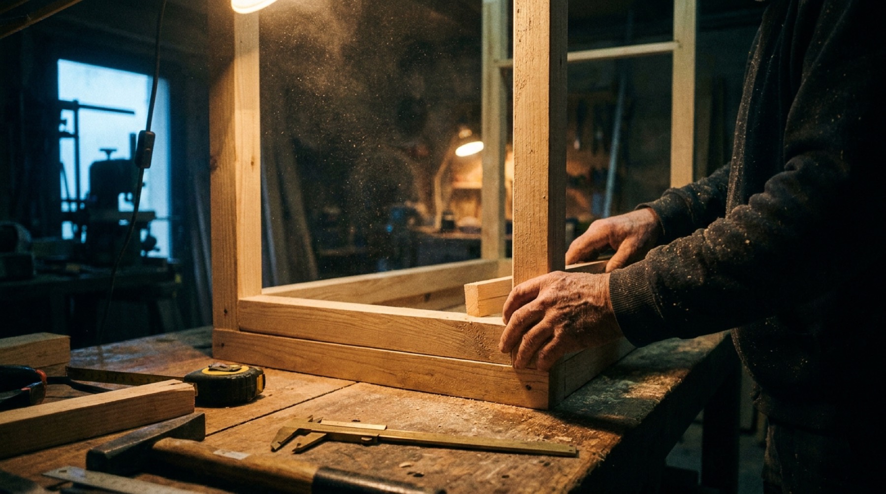 Les mains d'un constructeur de décors dans un atelier, sciure en suspension dans la lumière