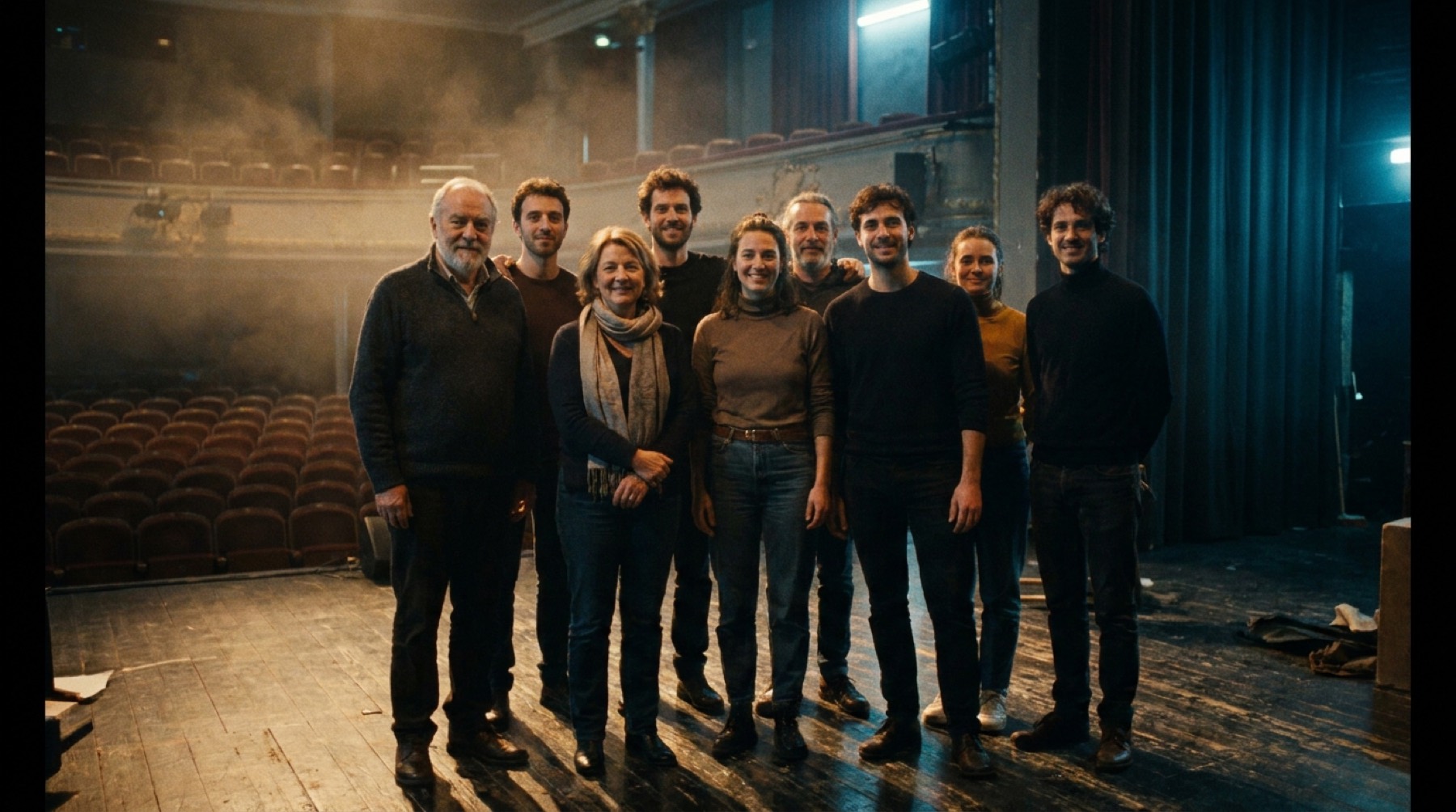 Portrait de groupe de neuf artistes et technicien·nes sur un plateau, après la représentation