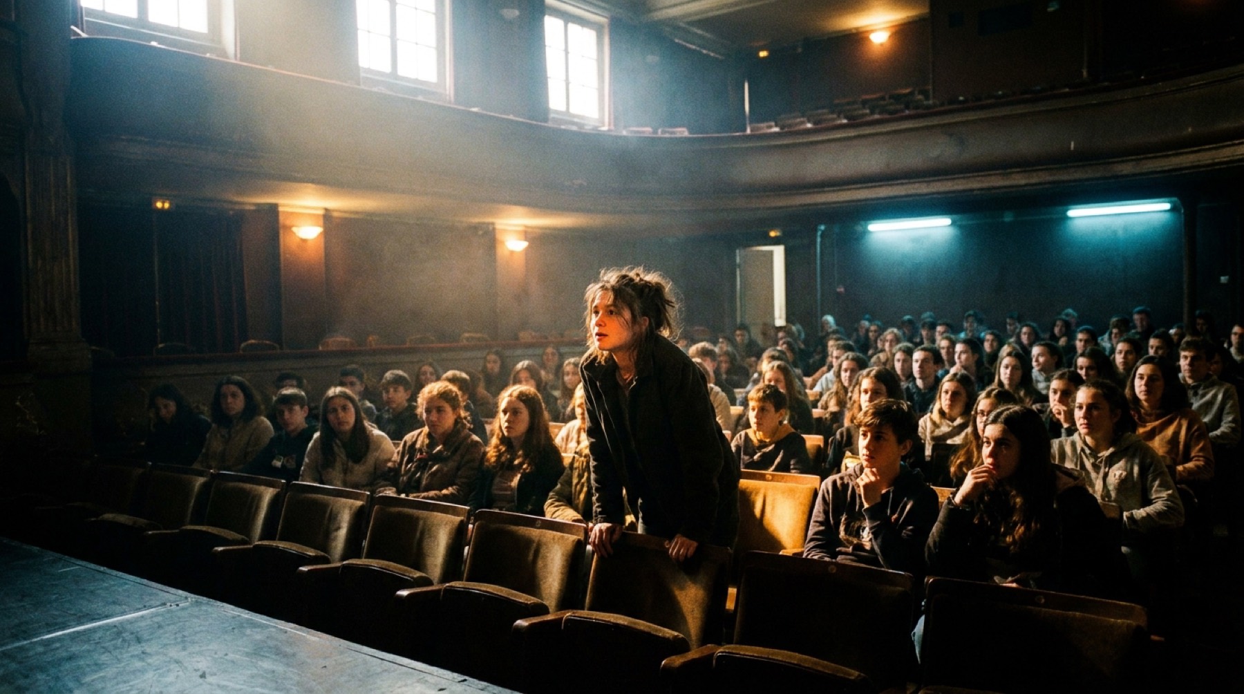 Des lycéens et leurs enseignants dans une salle de théâtre en pleine journée, vus depuis la scène